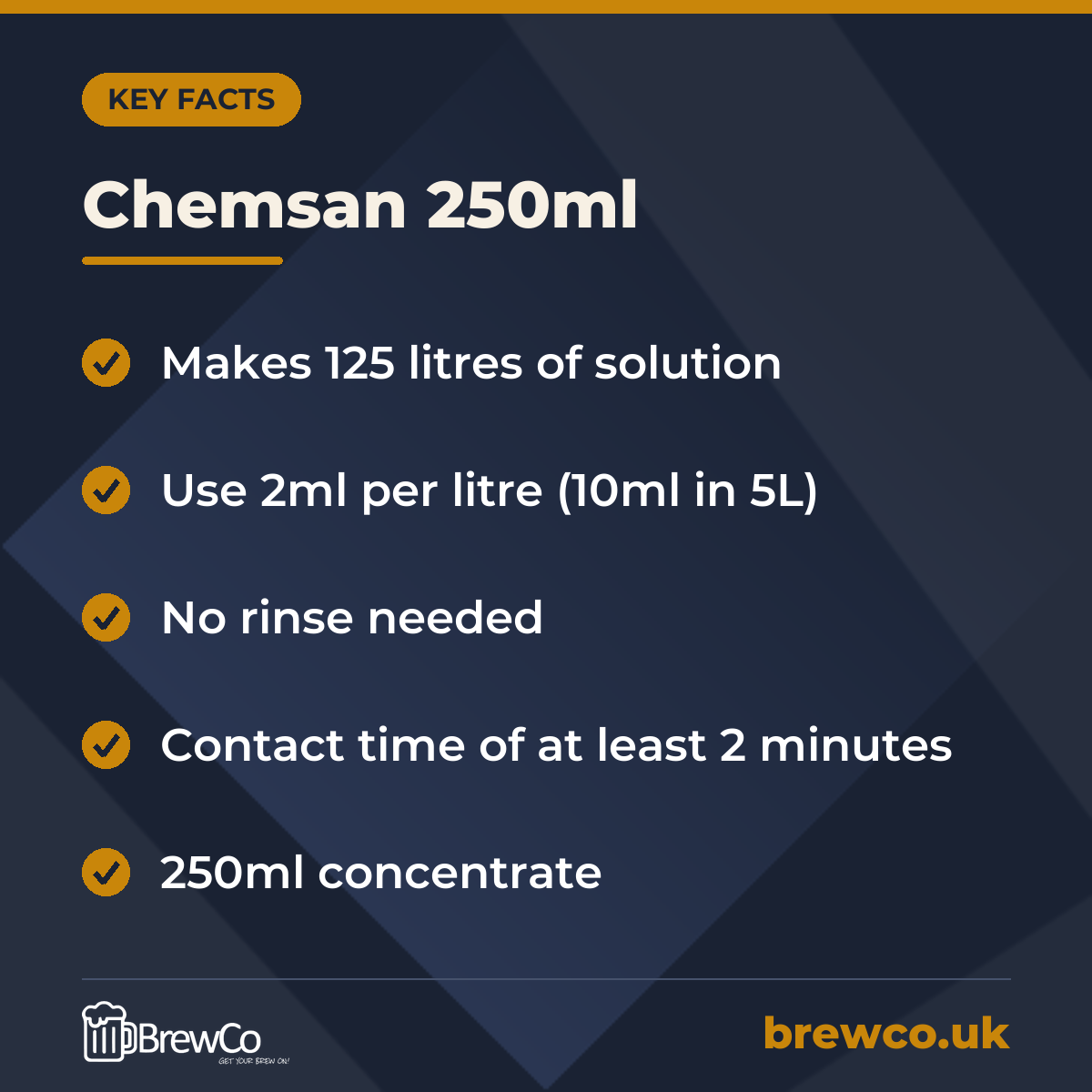 Chemsan 250ml key facts: makes 125 litres of solution, use 2ml per litre (10ml in 5L), no rinse needed