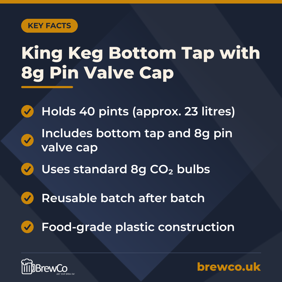 King Keg Bottom Tap with 8g Pin Valve Cap – key facts