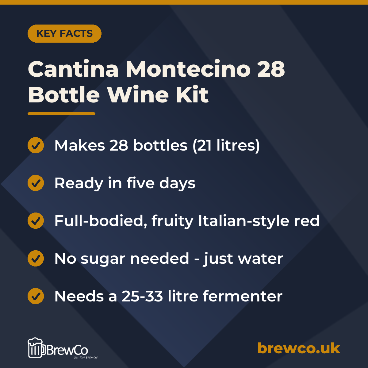 Cantina Montecino 28 Bottle Wine Kit key facts: makes 28 bottles (21 litres), ready in five days, full-bodied, fruity Italian-style red
