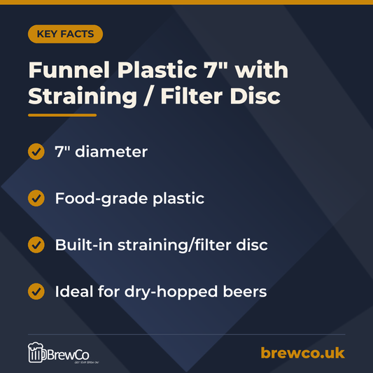 Funnel Plastic 7" with Straining / Filter Disc key facts: 7" diameter, food-grade plastic, built-in straining/filter disc