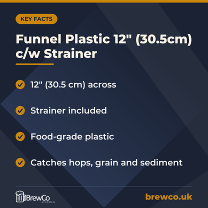 Funnel Plastic 12" (30.5cm) c/w Strainer key facts: 12" (30.5 cm) across, strainer included, food-grade plastic