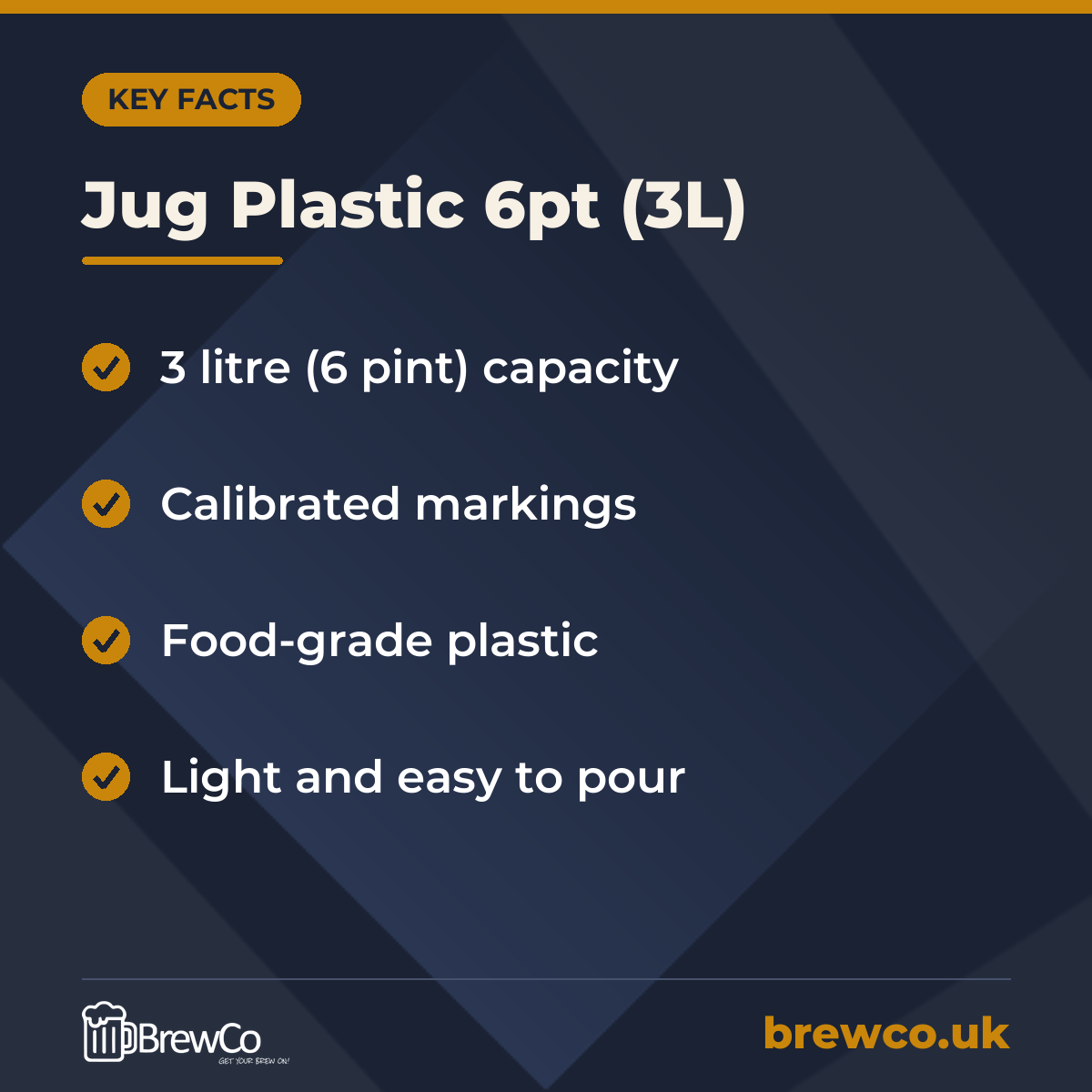 Jug Plastic 6pt (3L) key facts: 3 litre (6 pint) capacity, calibrated markings, food-grade plastic