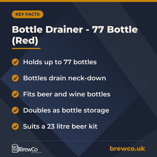 Bottle Drainer - 77 Bottle (Red) key facts: holds up to 77 bottles, bottles drain neck-down, fits beer and wine bottles