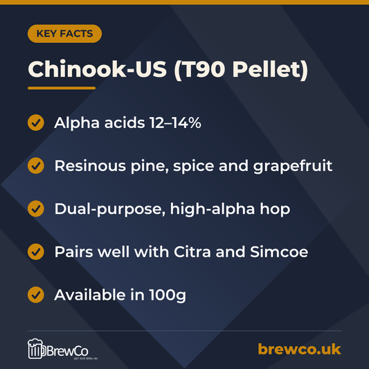 Chinook-US (T90 Pellet) key facts: alpha acids 12–14%, resinous pine, spice and grapefruit, dual-purpose, high-alpha hop