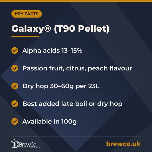 Galaxy® (T90 Pellet) key facts: alpha acids 13–15%, passion fruit, citrus, peach flavour, dry hop 30–60g per 23L