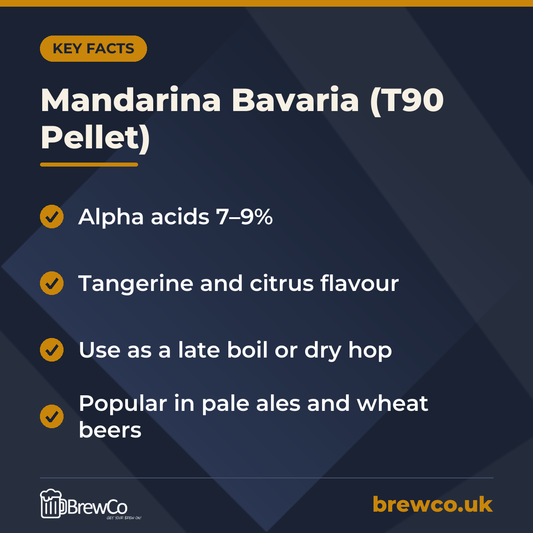 Mandarina Bavaria (T90 Pellet) key facts: alpha acids 7–9%, tangerine and citrus flavour, use as a late boil or dry hop