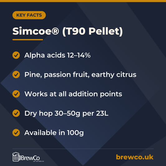 Simcoe® (T90 Pellet) key facts: alpha acids 12–14%, pine, passion fruit, earthy citrus, works at all addition points