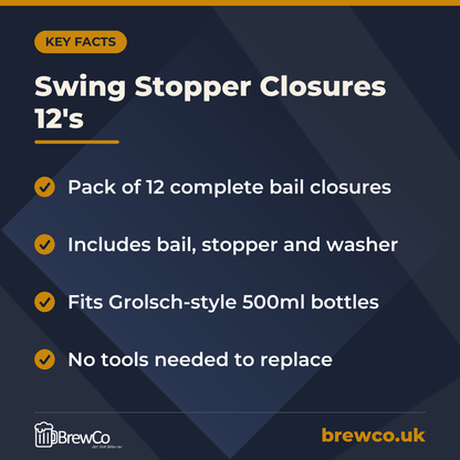 Swing Stopper Closures 12's key facts: pack of 12 complete bail closures, includes bail, stopper and washer, fits Grolsch-style 500ml bottles
