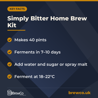 Simply Bitter Home Brew Kit key facts: makes 40 pints, ferments in 7–10 days, add water and sugar or spray malt