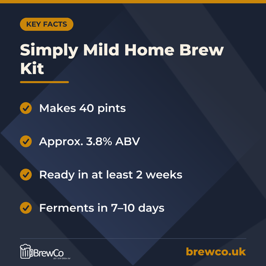 Simply Mild Home Brew Kit key facts: makes 40 pints, approx. 3.8% ABV, ready in at least 2 weeks