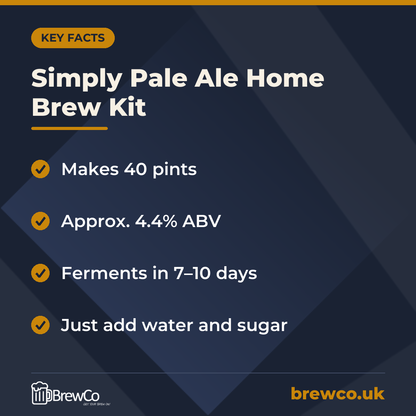 Simply Pale Ale Home Brew Kit key facts: makes 40 pints, approx. 4.4% ABV, ferments in 7–10 days