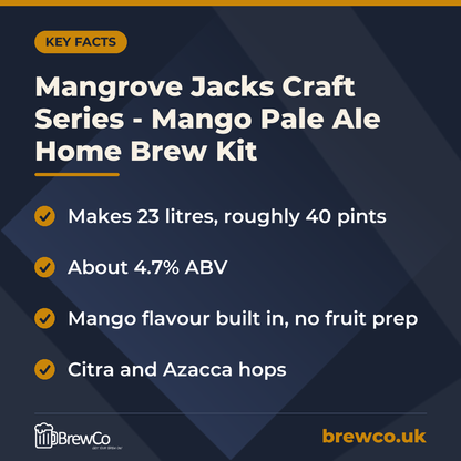 Mangrove Jacks Craft Series - Mango Pale Ale Home Brew Kit key facts: makes 23 litres, roughly 40 pints, about 4.7% ABV, mango flavour built in, no fruit prep