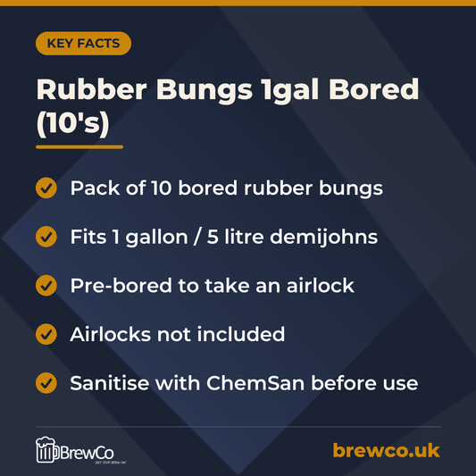 Rubber Bungs 1gal Bored (10's) key facts: pack of 10 bored rubber bungs, fits 1 gallon / 5 litre demijohns, pre-bored to take an airlock