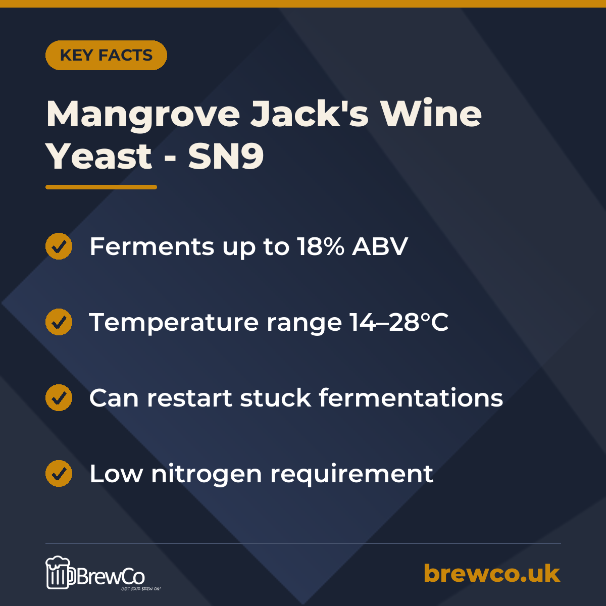 Mangrove Jack's Wine Yeast - SN9 key facts: ferments up to 18% ABV, temperature range 14–28°C, can restart stuck fermentations