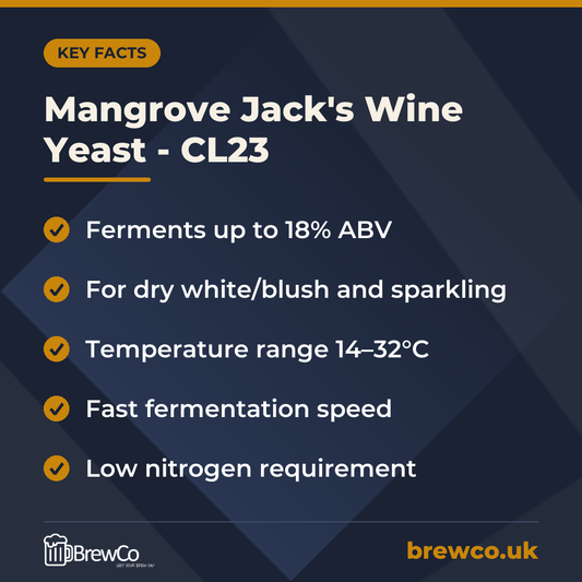 Mangrove Jack's Wine Yeast - CL23 key facts: ferments up to 18% ABV, for dry white/blush and sparkling, temperature range 14–32°C