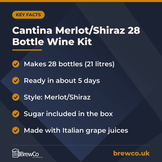 Cantina Merlot/Shiraz 28 Bottle Wine Kit key facts: makes 28 bottles (21 litres), ready in about 5 days, style: Merlot/Shiraz