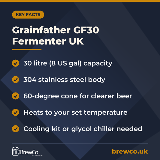 Grainfather GF30 Fermenter UK key facts: 30 litre (8 US gal) capacity, 304 stainless steel body, 60-degree cone for clearer beer