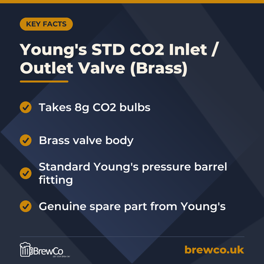 Young's STD CO2 Inlet / Outlet Valve (Brass) key facts: takes 8g CO2 bulbs, brass valve body, standard Young's pressure barrel fitting