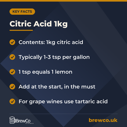Citric Acid 1kg key facts: contents: 1kg citric acid, typically 1-3 tsp per gallon, 1 tsp equals 1 lemon