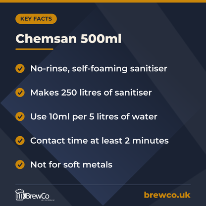 Chemsan 500ml key facts: no-rinse, self-foaming sanitiser, makes 250 litres of sanitiser, use 10ml per 5 litres of water
