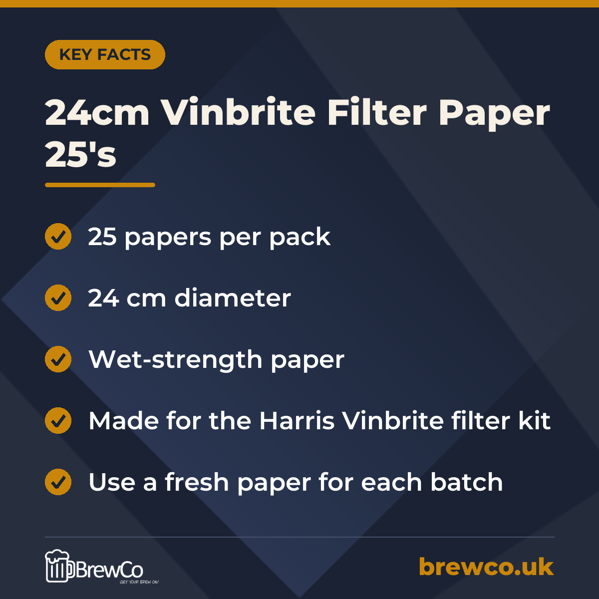 24cm Vinbrite Filter Paper 25's key facts: 25 papers per pack, 24 cm diameter, wet-strength paper