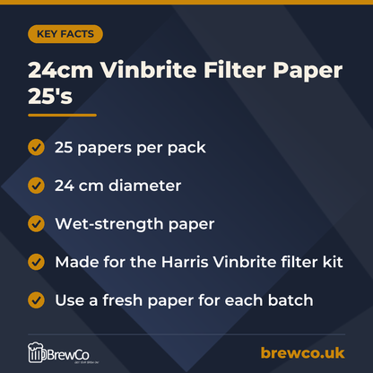 24cm Vinbrite Filter Paper 25's key facts: 25 papers per pack, 24 cm diameter, wet-strength paper