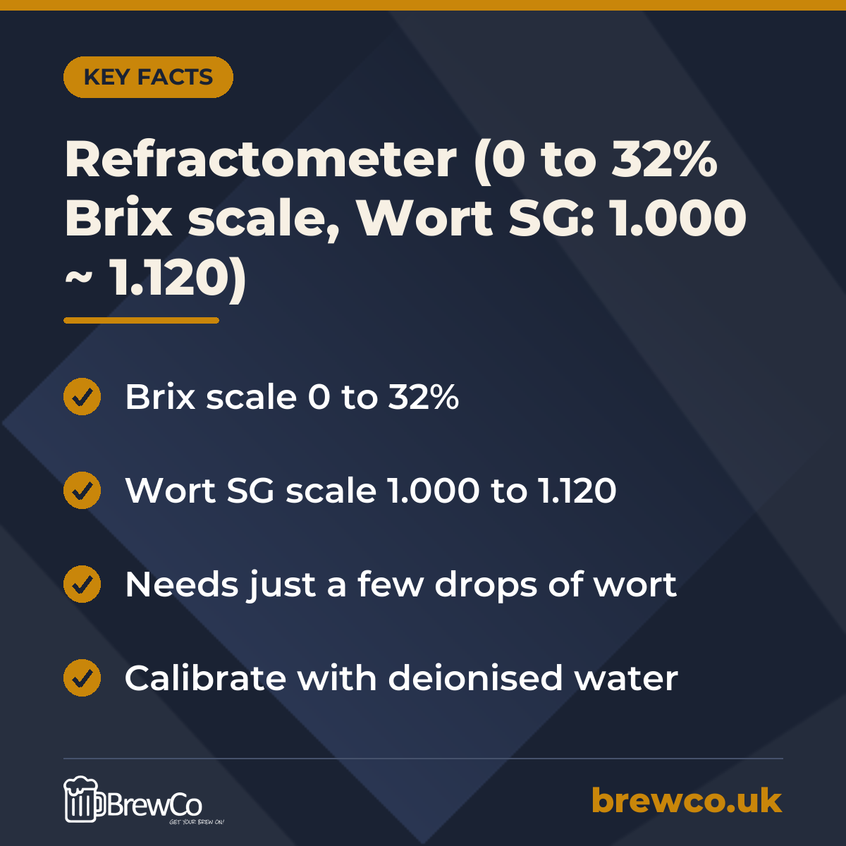 Refractometer (0 to 32% Brix scale, Wort SG: 1.000 ~ 1.120) key facts: brix scale 0 to 32%, wort SG scale 1.000 to 1.120, needs just a few drops of wort
