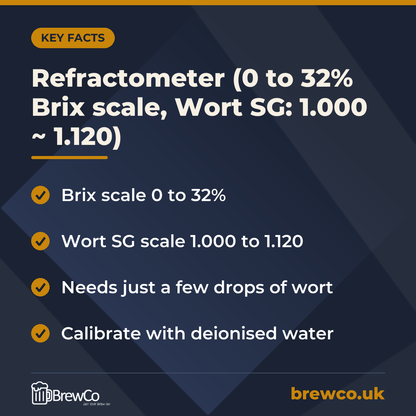 Refractometer (0 to 32% Brix scale, Wort SG: 1.000 ~ 1.120) key facts: brix scale 0 to 32%, wort SG scale 1.000 to 1.120, needs just a few drops of wort