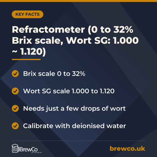 Refractometer (0 to 32% Brix scale, Wort SG: 1.000 ~ 1.120) key facts: brix scale 0 to 32%, wort SG scale 1.000 to 1.120, needs just a few drops of wort