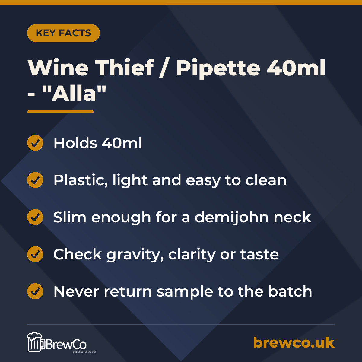 Wine Thief / Pipette 40ml - "Alla" key facts: holds 40ml, plastic, light and easy to clean, slim enough for a demijohn neck