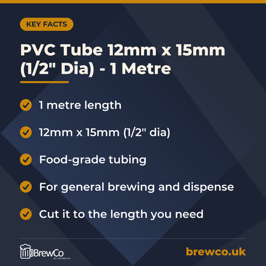PVC Tube 12mm x 15mm (1/2" Dia) - 1 Metre key facts: 1 metre length, 12mm x 15mm (1/2" dia), food-grade tubing