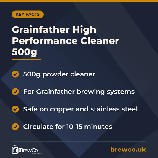 Grainfather High Performance Cleaner 500g key facts: 500g powder cleaner, for Grainfather brewing systems, safe on copper and stainless steel