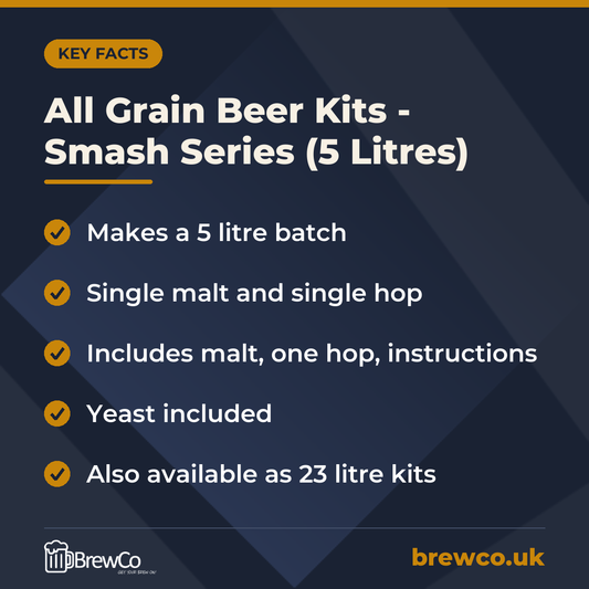 All Grain Beer Kits - Smash Series (5 Litres) key facts: makes a 5 litre batch, single malt and single hop, includes malt, one hop, instructions, yeast included