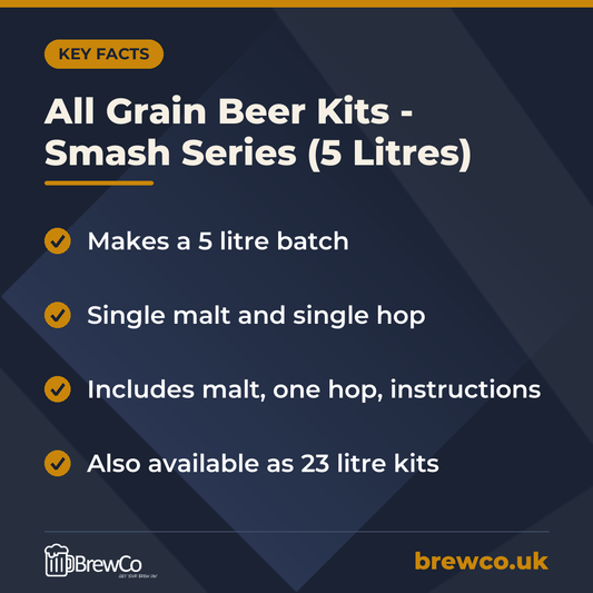 All Grain Beer Kits - Smash Series (5 Litres) key facts: makes a 5 litre batch, single malt and single hop, includes malt, one hop, instructions