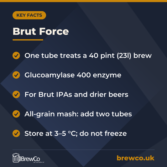 Brut Force key facts: one tube treats a 40 pint (23l) brew, glucoamylase 400 enzyme, for Brut IPAs and drier beers