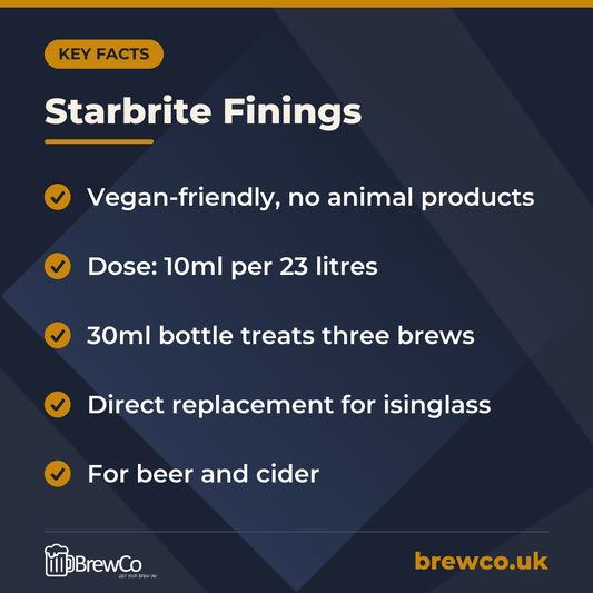 Starbrite Finings key facts: vegan-friendly, no animal products, dose: 10ml per 23 litres, 30ml bottle treats three brews