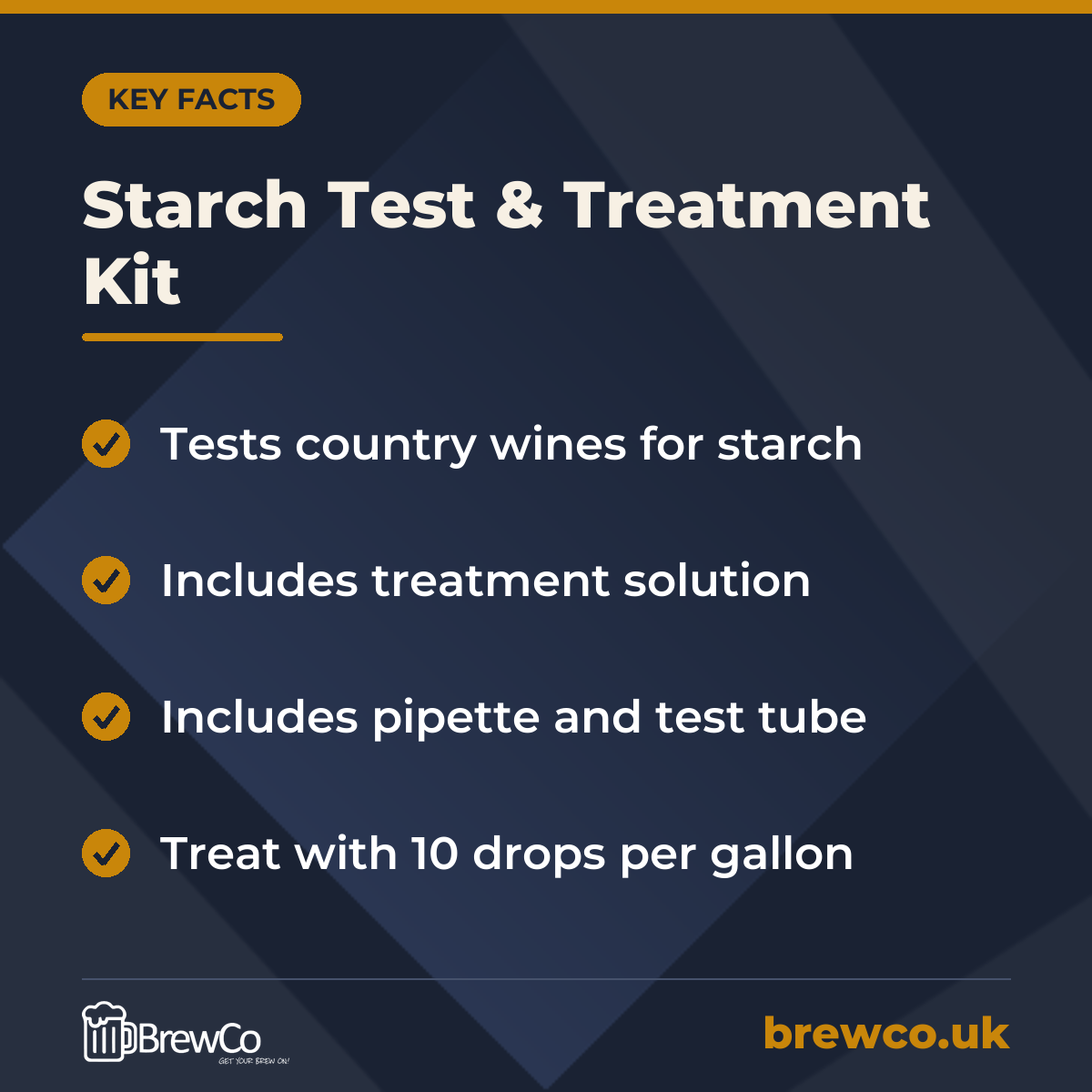 Starch Test & Treatment Kit key facts: tests country wines for starch, includes treatment solution, includes pipette and test tube