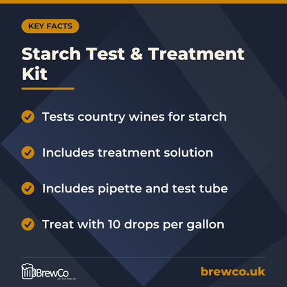 Starch Test & Treatment Kit key facts: tests country wines for starch, includes treatment solution, includes pipette and test tube
