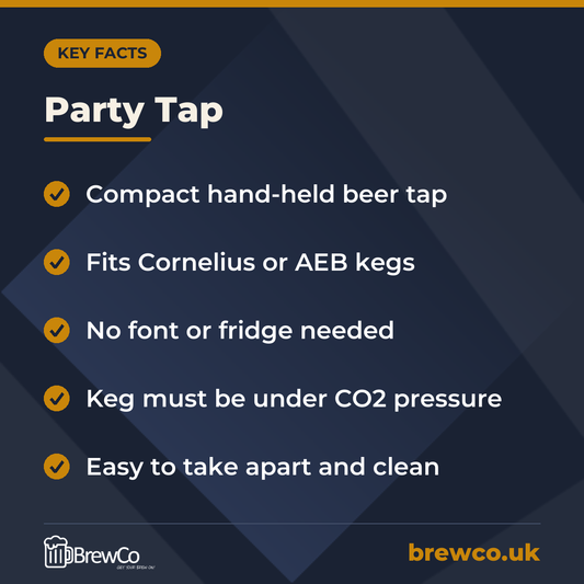 Party Tap key facts: compact hand-held beer tap, fits Cornelius or AEB kegs, no font or fridge needed