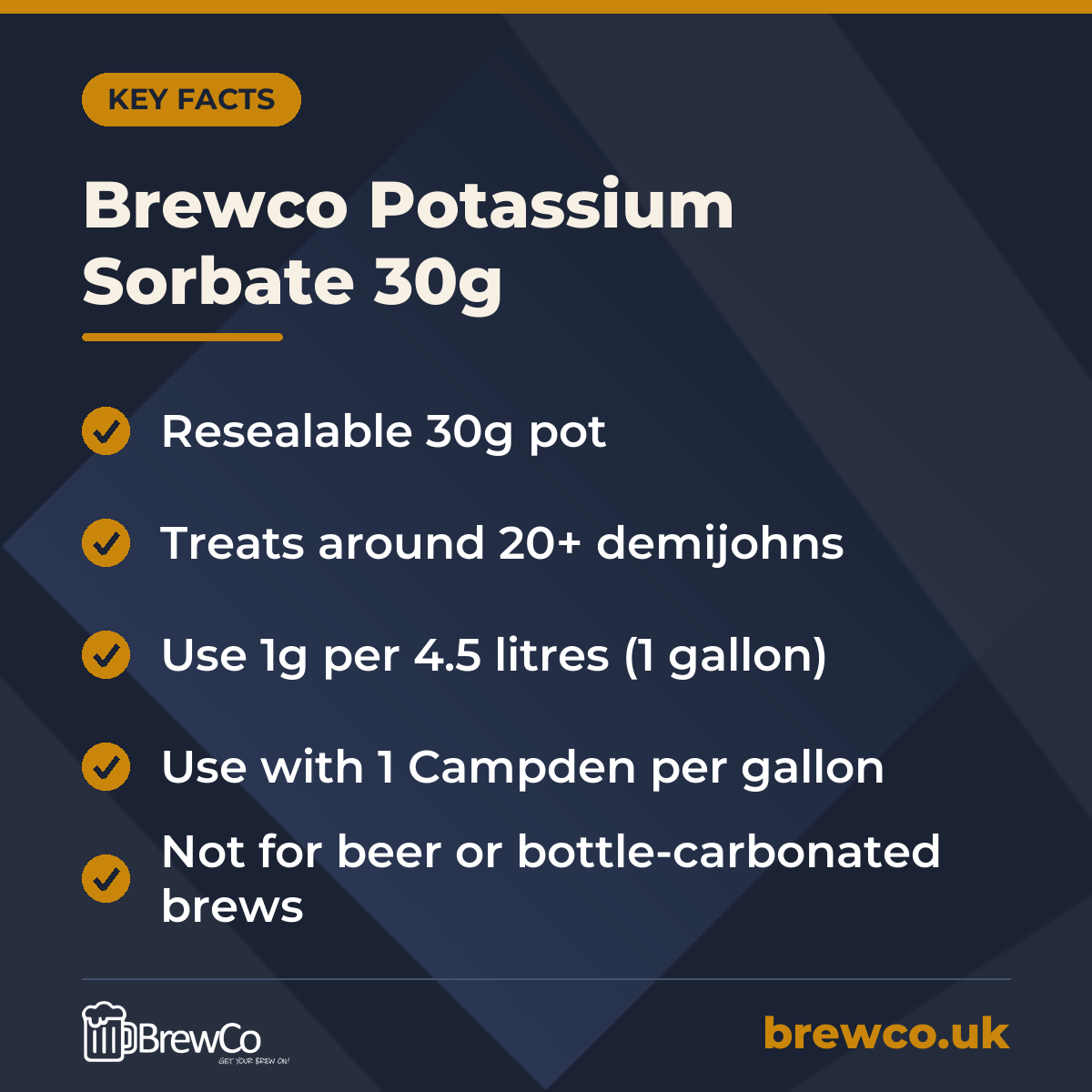 Brewco Potassium Sorbate 30g – key facts