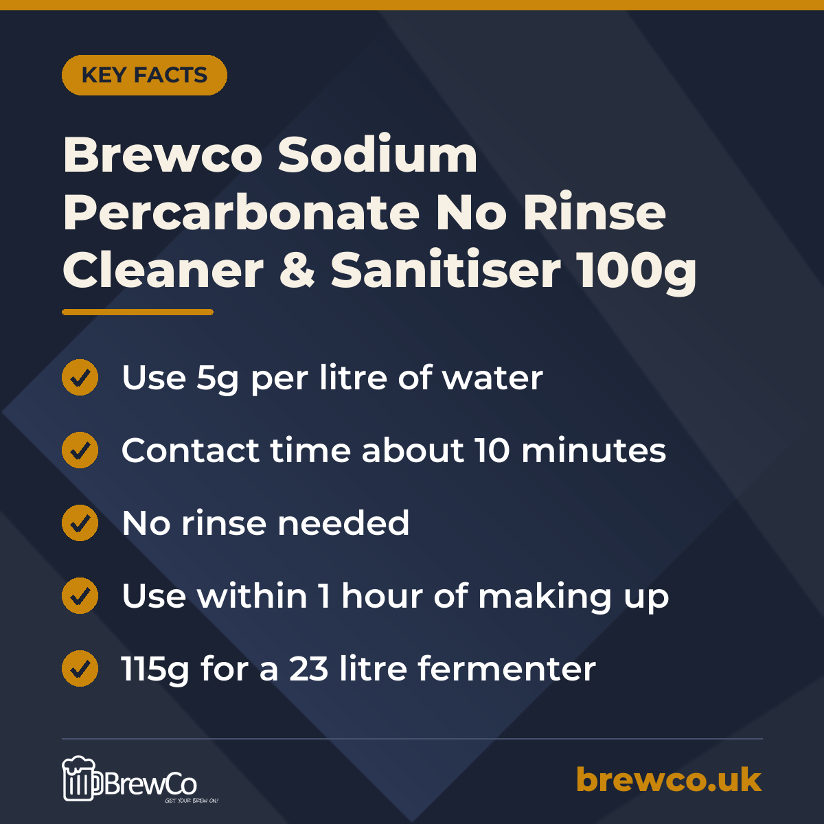 Brewco Sodium Percarbonate No Rinse Cleaner & Sanitiser 100g – key facts