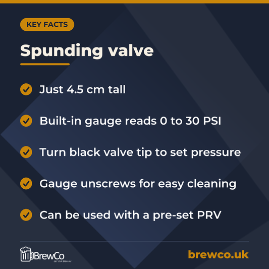 Spunding valve key facts: just 4.5 cm tall, built-in gauge reads 0 to 30 PSI, turn black valve tip to set pressure