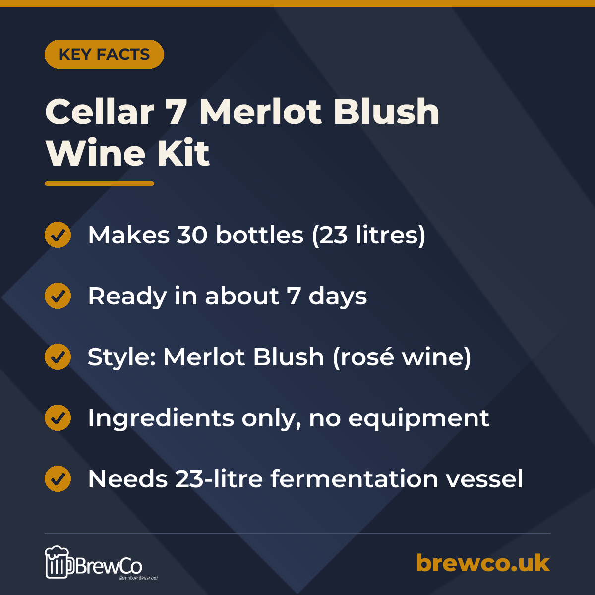 Cellar 7 Merlot Blush Wine Kit key facts: makes 30 bottles (23 litres), ready in about 7 days, style: Merlot Blush (rosé wine)