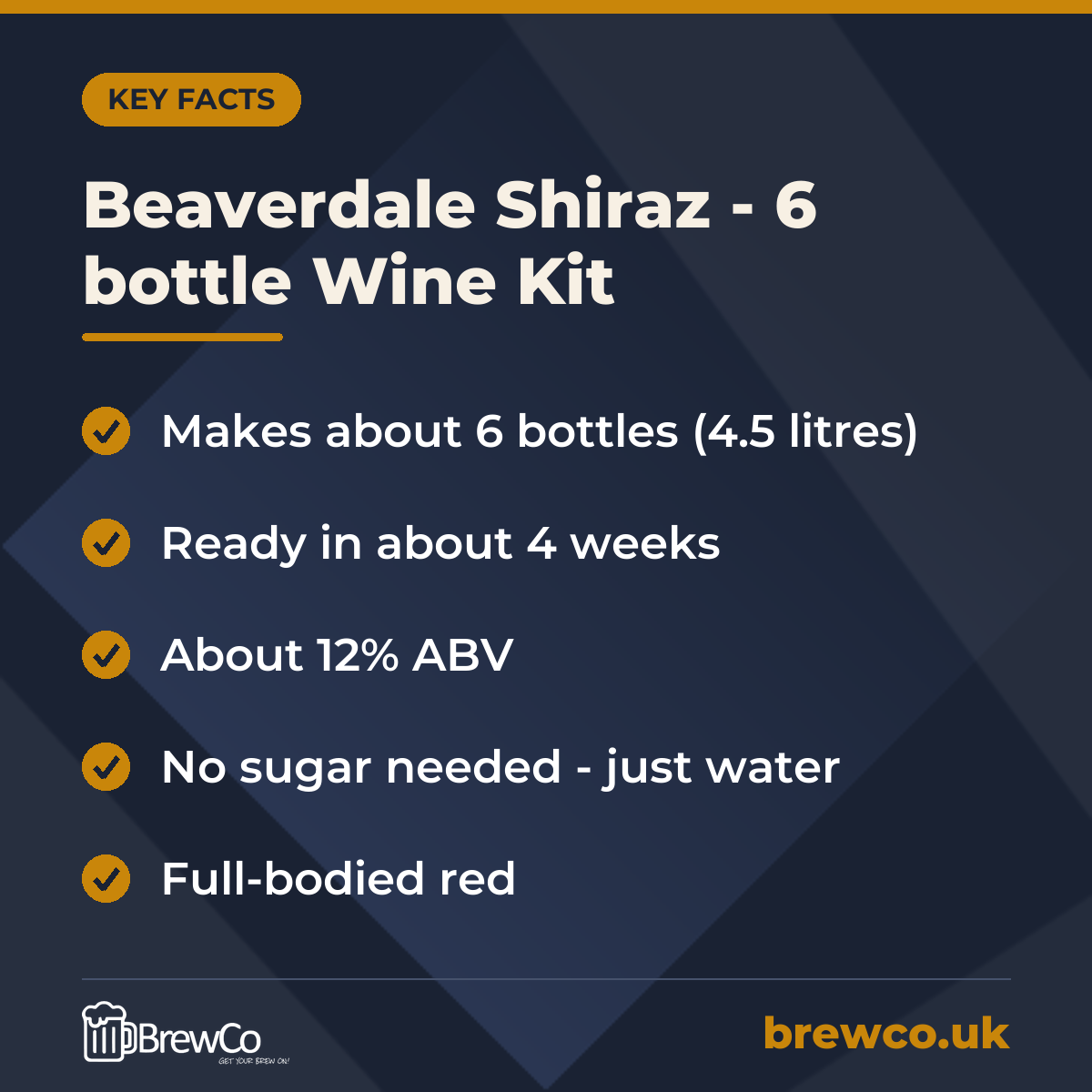 Beaverdale Shiraz - 6 bottle Wine Kit key facts: makes about 6 bottles (4.5 litres), ready in about 4 weeks, about 12% ABV