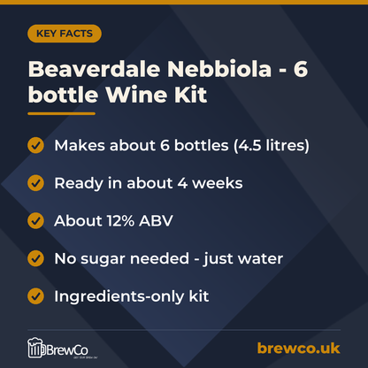 Beaverdale Nebbiola - 6 bottle Wine Kit key facts: makes about 6 bottles (4.5 litres), ready in about 4 weeks, about 12% ABV