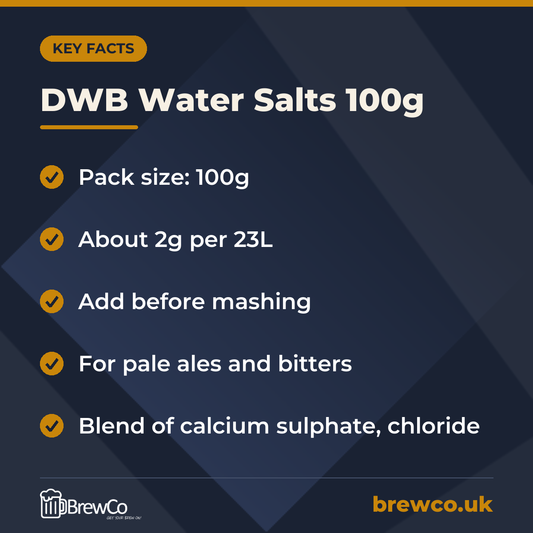 DWB Water Salts 100g key facts: pack size: 100g, about 2g per 23L, add before mashing