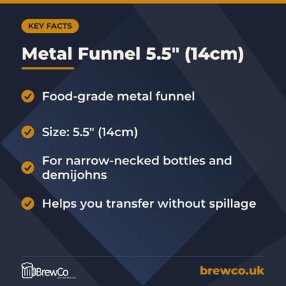 Metal Funnel 5.5" (14cm) key facts: food-grade metal funnel, size: 5.5" (14cm), for narrow-necked bottles and demijohns