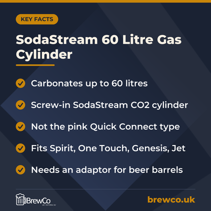 SodaStream 60 Litre Gas Cylinder key facts: carbonates up to 60 litres, screw-in SodaStream CO2 cylinder, not the pink Quick Connect type
