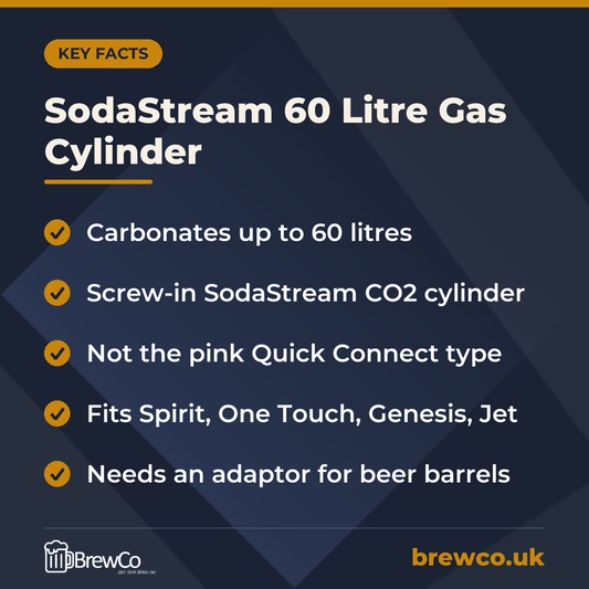 SodaStream 60 Litre Gas Cylinder key facts: carbonates up to 60 litres, screw-in SodaStream CO2 cylinder, not the pink Quick Connect type