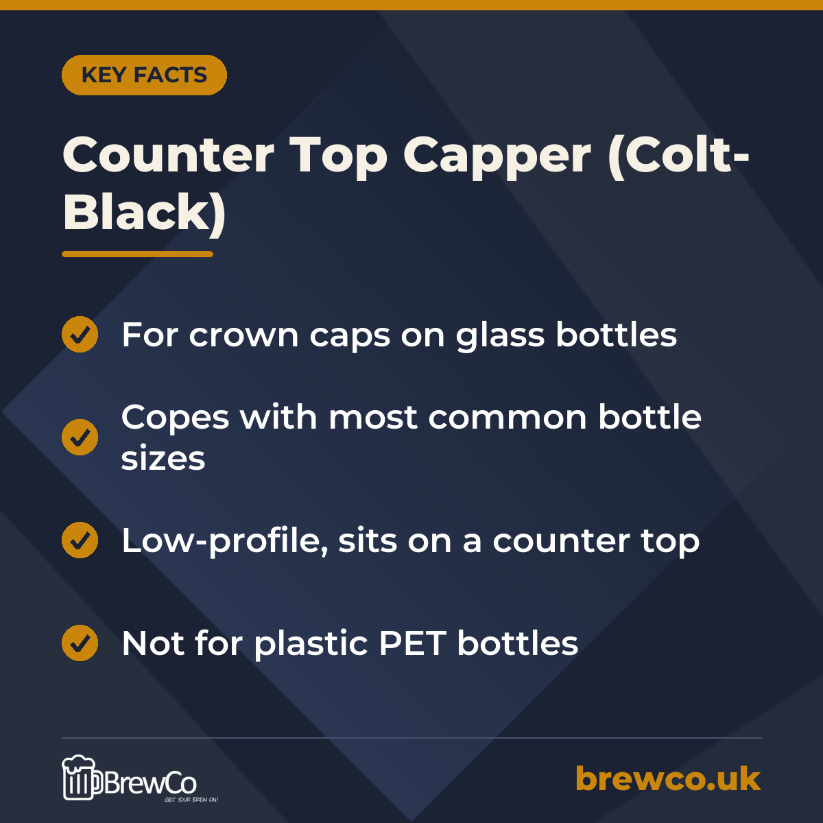 Counter Top Capper (Colt- Black) key facts: for crown caps on glass bottles, copes with most common bottle sizes, low-profile, sits on a counter top